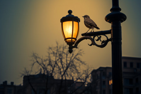 Moonlit Encounter: Majestic Bird Perching on Street Lightの素材