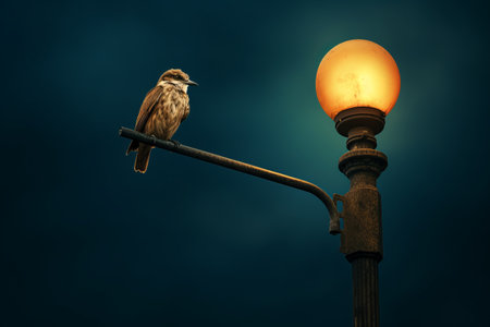 Mystical Encounter: Bird Perching on Street Light Glows Against Enchanting Moonlit Backdrop --ar 3:2の素材