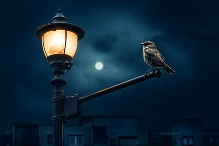 The Majestic Encounter: A Bird Perching on Street Light Against the Enchanting Moonlit Sky -AR 3:2の素材