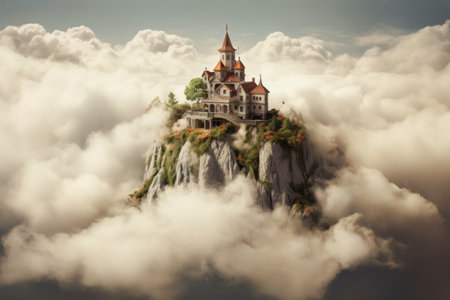 Serene Vantage Point: A House atop a Hill, Surrounded by Blanketing White Cloudsの素材
