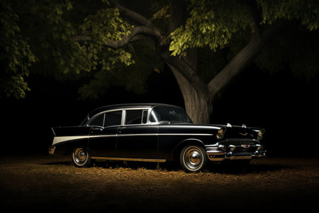 Shaded Elegance: A Black Sedan Parked Under a Magnificent Treeの素材