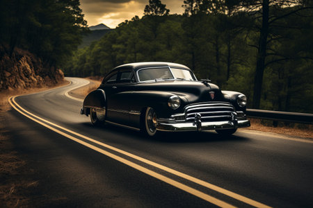 Unveiling the Mysterious Black Sedan Gliding Along the Road - Captivating Artistic Composition in 3:の素材