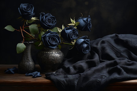 Elegance in Contrast: Displaying Black Roses on a Tableの素材
