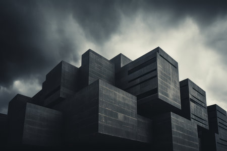 Architectural Marvels: Captivating Black Concrete Buildings Under a Dramatic Cloudy Sky --ar 3:2の素材