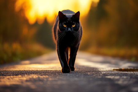 Elusive Elegance: A Black Cat Strolls Down the Road (3:2 Aspect Ratio)の素材