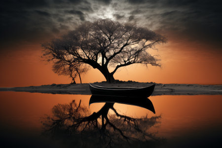 Intriguing Contrast: The Majestic Black Tree Stealing the Spotlight Near a Boat --ar 3:2の素材
