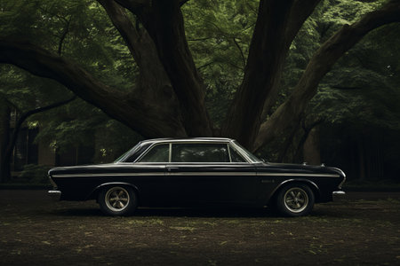 Shaded Elegance: A Black Sedan Parked Underneath a Serene Treeの素材