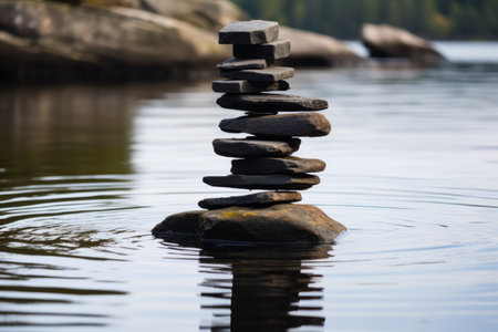 Majestic Beauty: The Serene Black Stackable Stone Decor by the Water's Edge - ar 3:2の素材