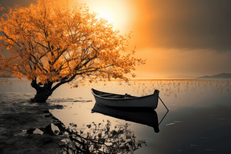 Serene Waterscape: Black Tree Gracefully Beside Boatの素材