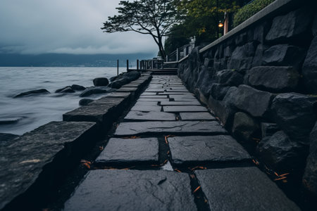 Serene Waterside Stroll: Exploring the Black Concrete Pathwayの素材