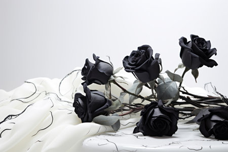Contrasting Beauty: Black Roses Blossom on a White Table -- AR 3:2の素材