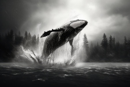Dazzling Monochrome Spectacle: Majestic Whale Leaping Amidst the Waves --ar 3:2の素材
