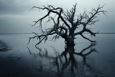 Enigmatic Reflections: The Black Withered Tree Embraced by the Serene Body of Water - AR 3:2の素材