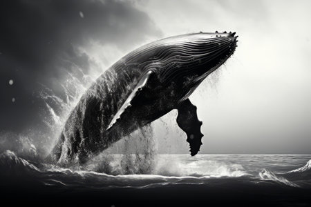 The Majestic Dance: A Black and White Whale Soaring Over Serene Watersの素材