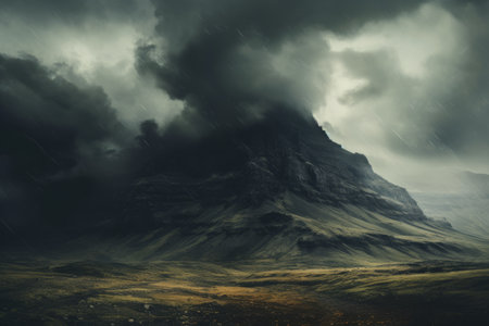 Captivating Contrast: Black Mountain Beneath a Dramatic Cloudy Skyの素材