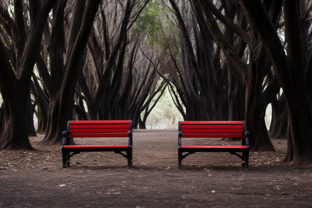 Aesthetic Contrast: The Enigmatic Black and Red Bench Amidst Nature's Embraceの素材