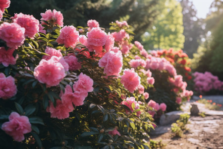 A Stunning Display: Profusion of Blooming Pink Bushes in a Lush Summer Gardenの素材