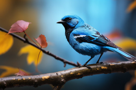 Blue and Black Bird Serenely Perched on Tree Branch: Captivating 3:2 Auraの素材