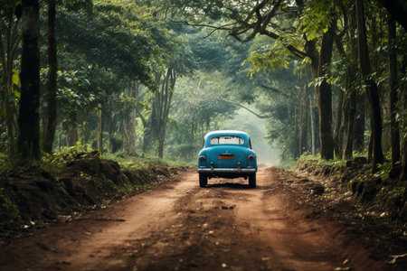 A Tranquil Journey: A Blue Car Meandering Through Leafy Green Canopies -- AR 3:2の素材
