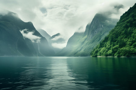 A Serene Oasis: Glimpses of a Tranquil Body of Water and Green Mountainsの素材