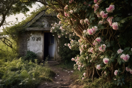 A Serene Scene: A Blooming Bush Complements an Aged Countryside Cottageの素材