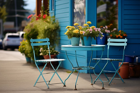 Blending Aesthetics: Stunning Blue Metal Bistro Sets Amidst Lush Potted Flowers on the Scenic Roadの素材