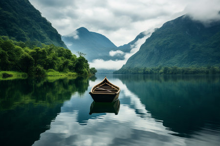 Serene Boat Soaring across Turquoise Waters in Lush Highland Surroundingsの素材