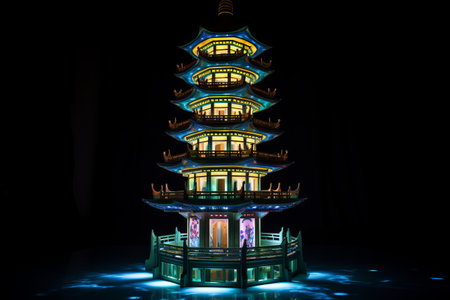 Vibrant Illumination: The Enchanting Blue, Yellow, and Green Lighted Pagoda Tower --ar 3:2の素材