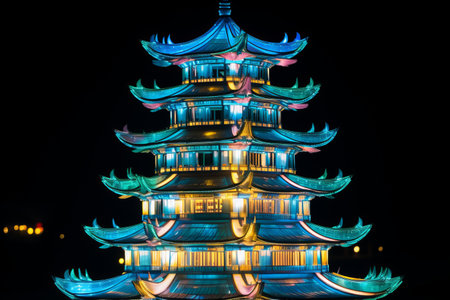 The Illuminated Beauty of the Blue, Yellow, and Green Pagoda Towerの素材