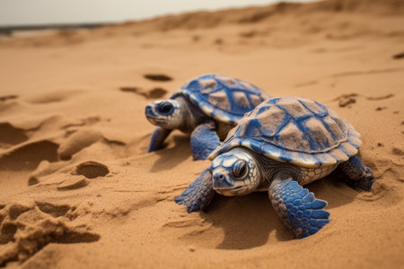 Majestic Encounter: Blue Turtles Roaming the Brown Sand --ar 3:2の素材