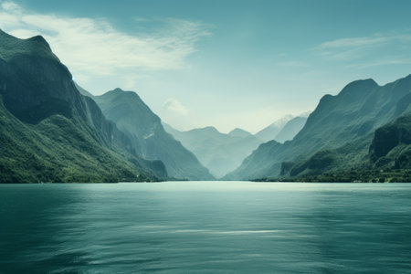 Inspiring Landscape: Harmonious Blend of Body of Water and Majestic Green Mountains in AR 3:2の素材