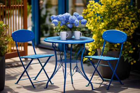 Stylish Blue Metal Bistro Sets Embraced by Vibrant Potted Flowers Near Serene Roadside Sceneryの素材