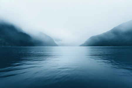 Mystical Harmony: Captivating Blue Body of Water Embraced by Enchanting Fog --ar 3:2の素材