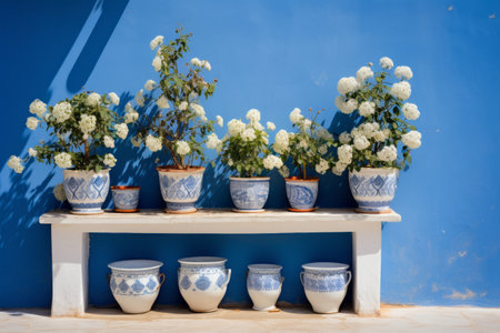 Charming Blue and White Wall Adorned with Flower Pots: An Aesthetic Delight in 3:2 ratioの素材