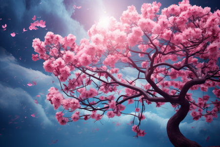 Blossoming Beauty: Captivating Pink Flowers under a Serene Blue Skyの素材
