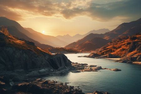 Serene Reflections: A Golden Hour Glimpse of the Mountain's Water Companionの素材