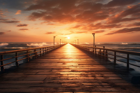 Glowing Boardwalk: Capturing the Ocean's Golden Hour Splendorの素材