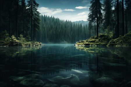 Majestic Reflections: A Serene Body of Water Amidst Treacherous Forest -- ar 3:2の素材