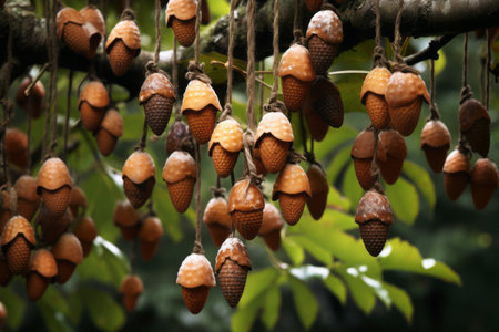 Nature's Treasures: Delicate Acorns Dangling in a Tree Canopy - AR 3:2の素材