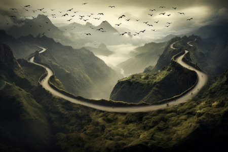 Graceful Flight: Exploring the Majestic Mountain via the Serpentine Roadの素材