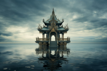 Immersed in Serenity: The Enchanting Pavilion in the Middle of a Seaの素材