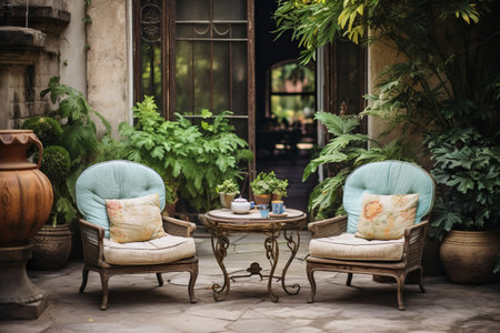 Patio Oasis: Vintage Armchairs and Cozy Table Setting at Sunsetの素材