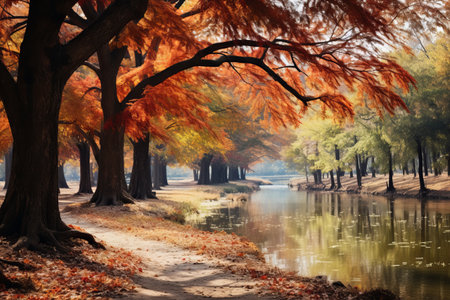 Serene Reflections: Majestic Autumn Trees Embracing the Lake in the Parkの素材