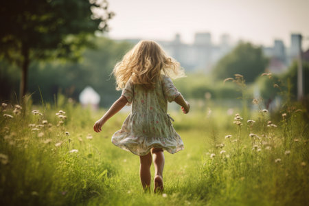 Joyful Freedom: Capturing the Back View of a Cute Little Girl Running on the Grass --ar 3:2の素材