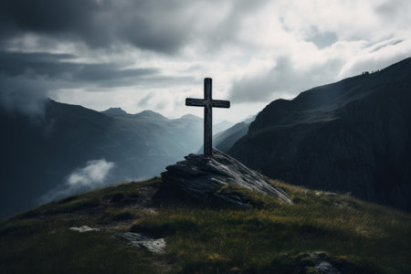 Black Cross Surmounting the Majestic Mountain - AR 3:2の素材