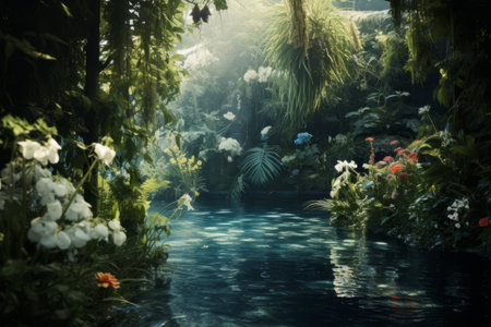 Aquatic Ecosystem Flourishing with Surrounding Foliage - A Captivating 3:2 Photo Compositionの素材