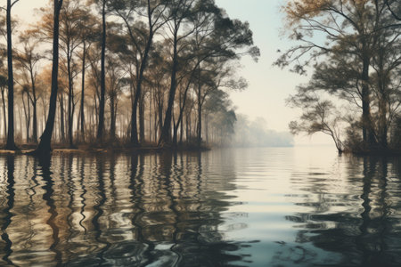 Nature's Reflection: A Serene Body of Water Nestled Among Treesの素材