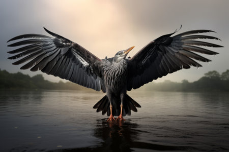 Intriguing Contrast: Captivating Black and Gray Bird Gracefully Rests on Calm Body of Water - [AR 3:の素材