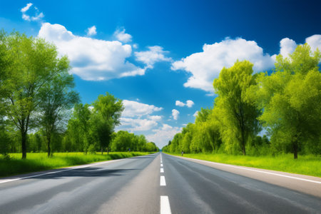 Nature's Tranquil Path: Asphalt Road Meandering Through Verdant Trees Beneath Clear Blue Skyの素材