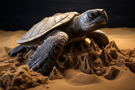Majestic Contrast: The Black and Gray Sea Turtle Beautifully Standout on Brown Sand --ar 3:2の素材
